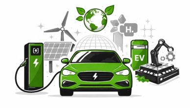 Minimal editorial illustration of a green electric car connected to a charging station symbolizing India’s green auto revolution and clean mobility innovation