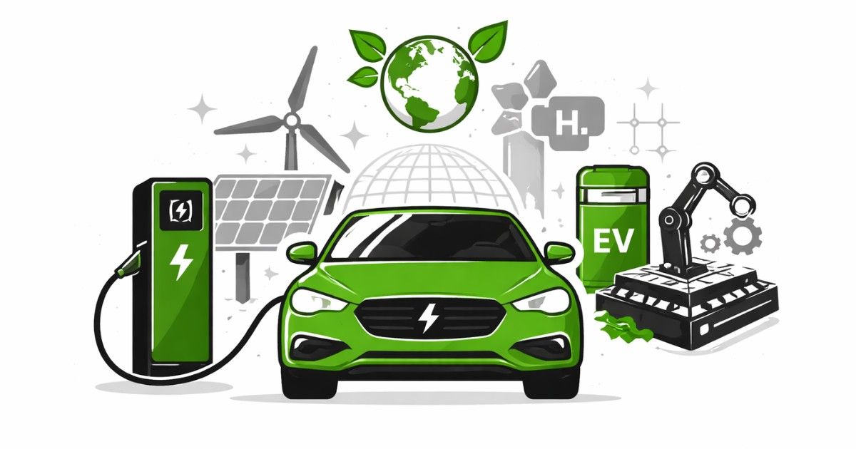 Minimal editorial illustration of a green electric car connected to a charging station symbolizing India’s green auto revolution and clean mobility innovation
