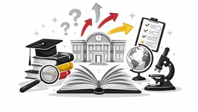 Minimal editorial illustration of an open book with academic symbols and directional arrows representing major curriculum changes and education policy shift