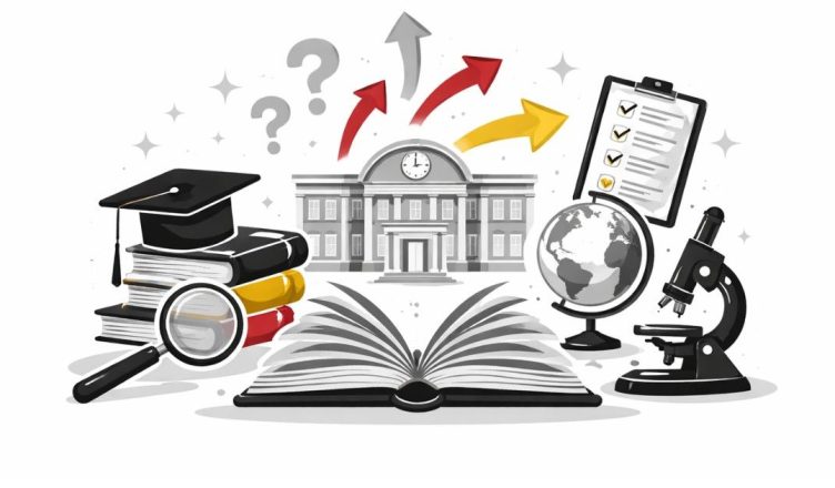 Minimal editorial illustration of an open book with academic symbols and directional arrows representing major curriculum changes and education policy shift