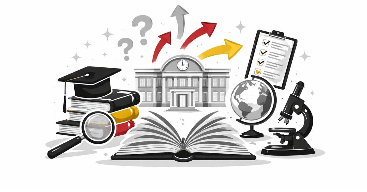 Minimal editorial illustration of an open book with academic symbols and directional arrows representing major curriculum changes and education policy shift