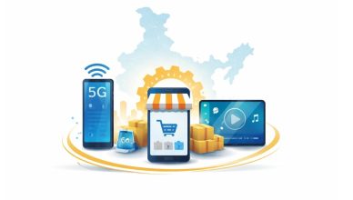 Minimal editorial illustration symbolizing Reliance expanding three powerful digital ventures to strengthen India’s technology ecosystem