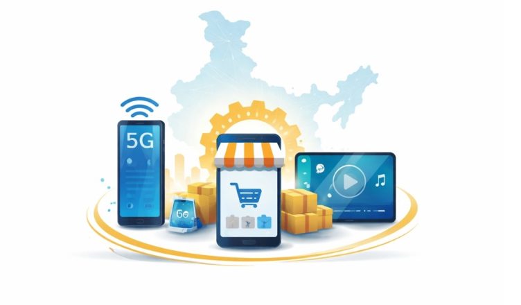 Minimal editorial illustration symbolizing Reliance expanding three powerful digital ventures to strengthen India’s technology ecosystem