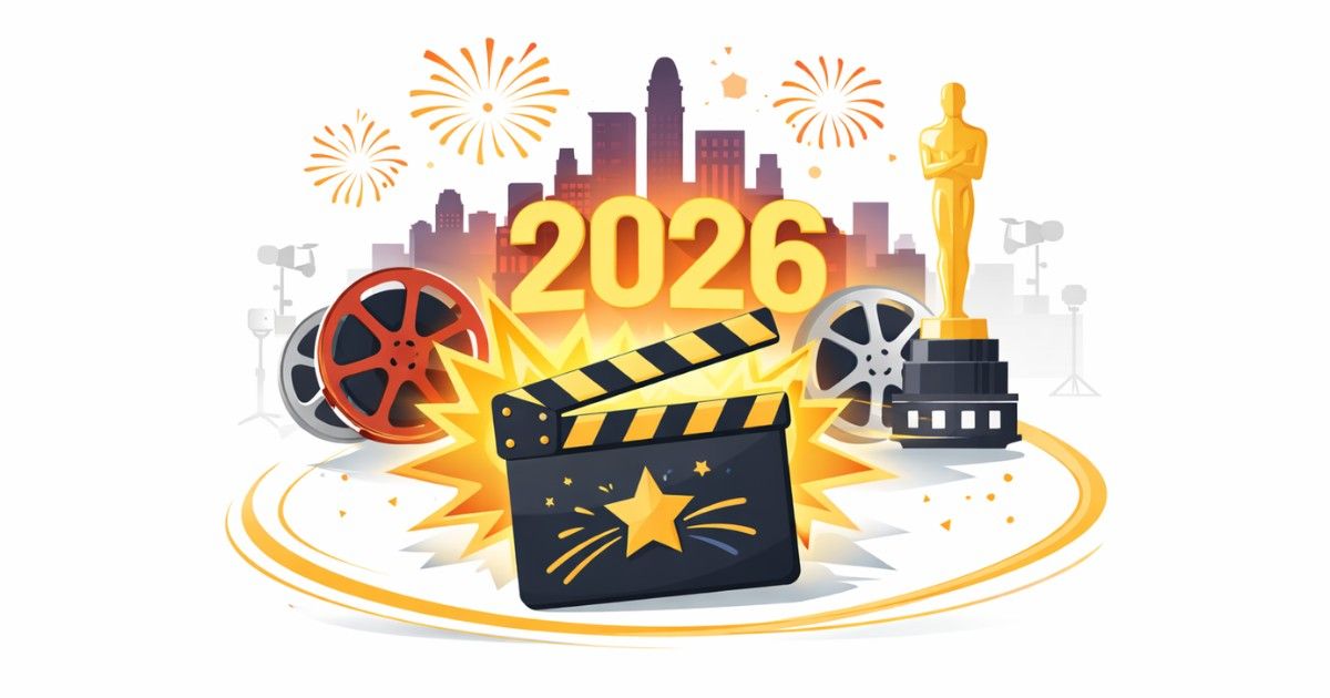 Minimal editorial illustration symbolizing five most anticipated Bollywood movies of 2026 set for blockbuster success