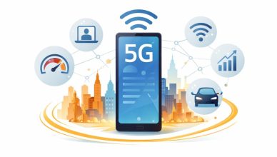 Minimal editorial illustration symbolizing 5G expansion to 20 more cities boosting faster internet connectivity for millions of users