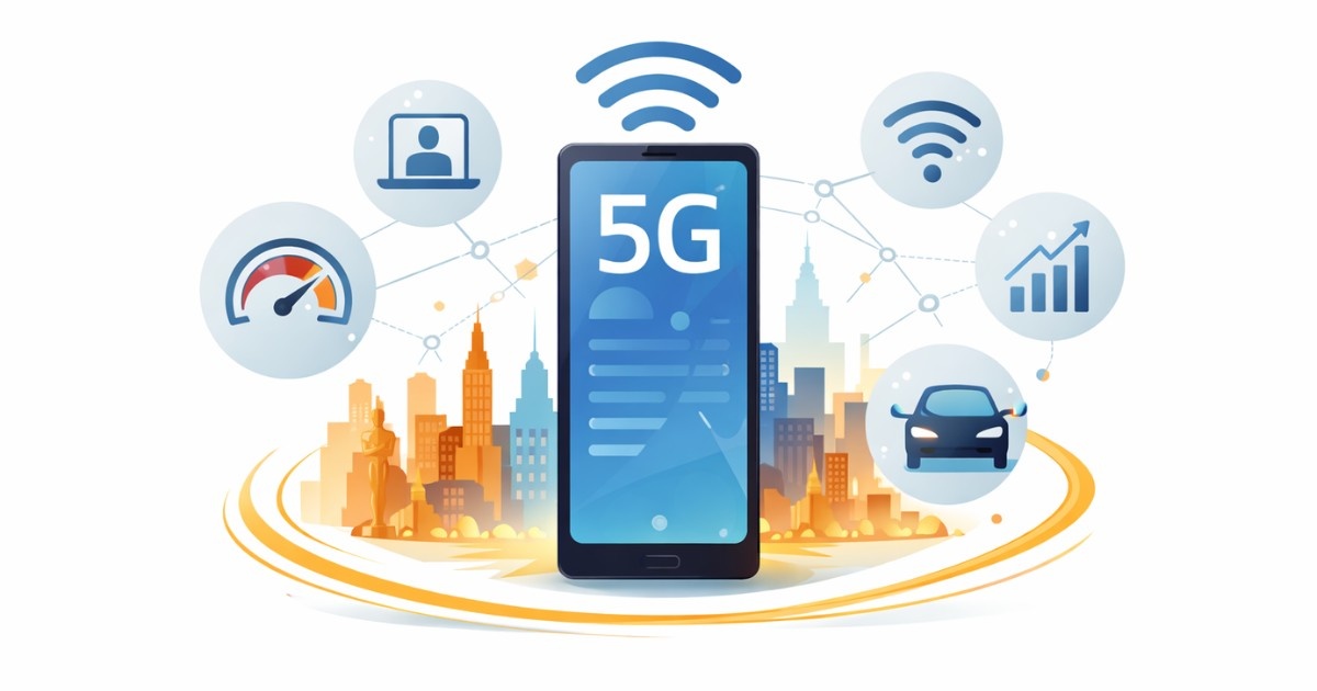 Minimal editorial illustration symbolizing 5G expansion to 20 more cities boosting faster internet connectivity for millions of users