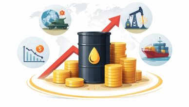 Minimal editorial illustration showing a rising oil barrel with upward arrow and global symbols representing a 5 percent surge in oil prices worldwide