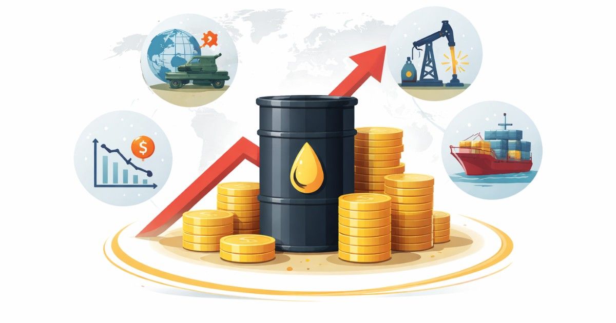 Minimal editorial illustration showing a rising oil barrel with upward arrow and global symbols representing a 5 percent surge in oil prices worldwide
