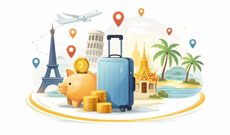 Minimal editorial illustration showing a suitcase and piggy bank with travel landmarks symbolizing affordable budget travel destinations Indians are searching for this month