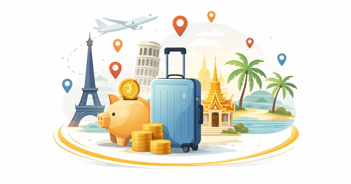 Minimal editorial illustration showing a suitcase and piggy bank with travel landmarks symbolizing affordable budget travel destinations Indians are searching for this month