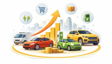 Minimal editorial illustration showing cars, SUV, electric vehicle and truck with upward growth arrow symbolizing 12 percent rise in auto sales in January