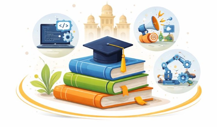 Minimal editorial illustration showing stacked books with graduation cap and skill icons representing new skill courses launched by top universities in India