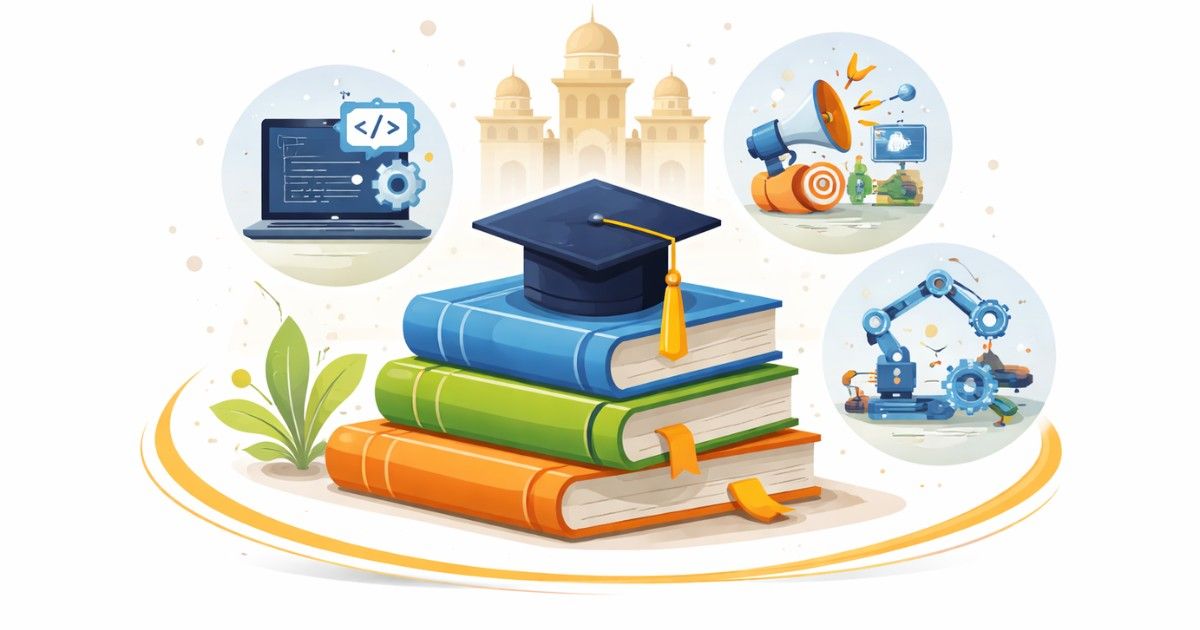 Minimal editorial illustration showing stacked books with graduation cap and skill icons representing new skill courses launched by top universities in India