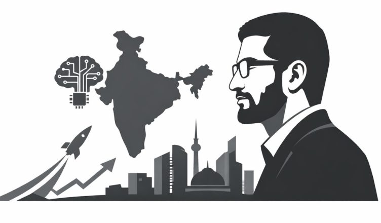 Minimal editorial illustration symbolizing artificial intelligence growth and global tech leadership following Sundar Pichai’s visit to the India AI Impact Summit 2026.