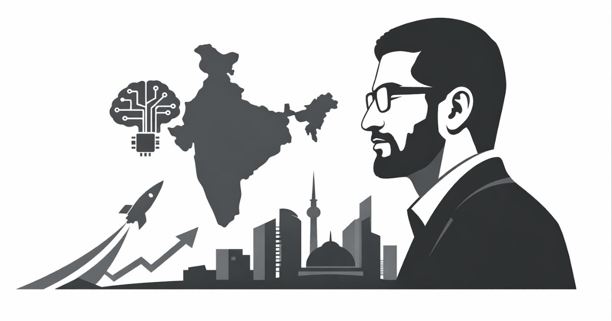 Minimal editorial illustration symbolizing artificial intelligence growth and global tech leadership following Sundar Pichai’s visit to the India AI Impact Summit 2026.