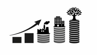 Minimal editorial illustration showing rising stock market momentum in India with industrial, corporate, and consumer growth symbols