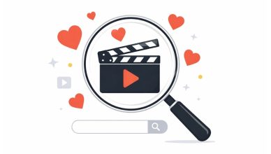 Minimal editorial illustration showing a magnifying glass over a film clapperboard, symbolizing rising online searches for regional and Hindi cinema after Valentine’s Day.