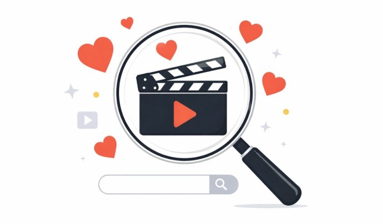 Minimal editorial illustration showing a magnifying glass over a film clapperboard, symbolizing rising online searches for regional and Hindi cinema after Valentine’s Day.