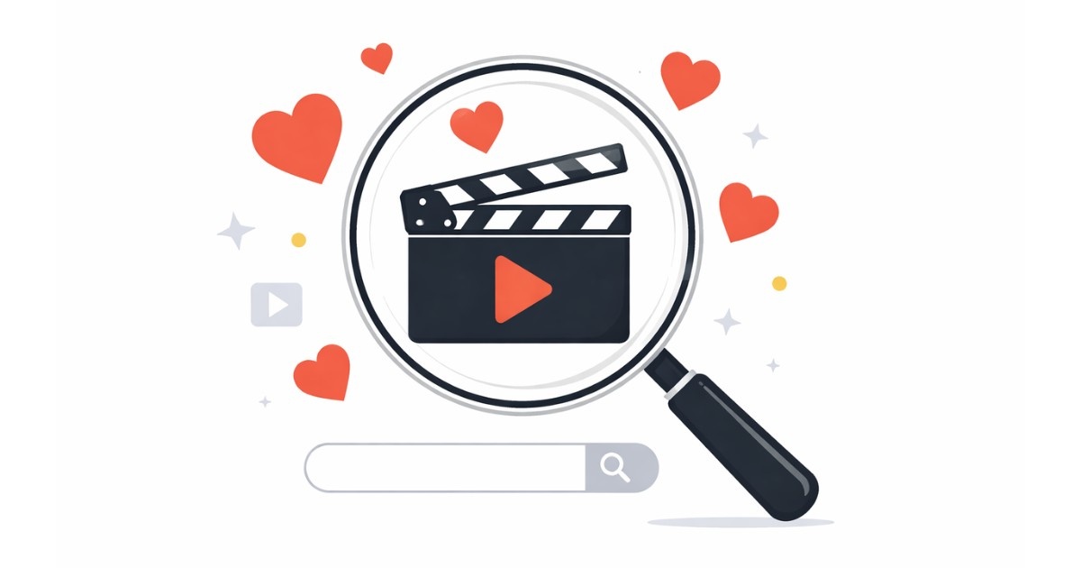 Minimal editorial illustration showing a magnifying glass over a film clapperboard, symbolizing rising online searches for regional and Hindi cinema after Valentine’s Day.