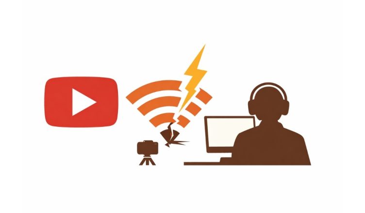 Minimal editorial illustration showing a YouTube outage affecting Indian content creators, with disrupted internet signal and a creator at a workstation