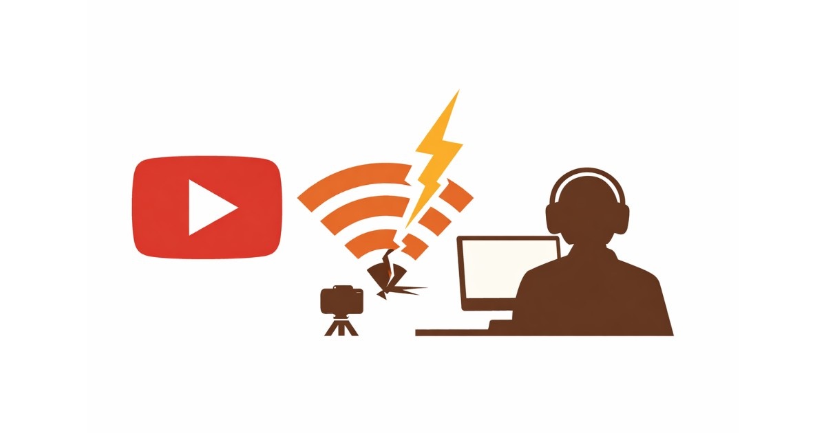 Minimal editorial illustration showing a YouTube outage affecting Indian content creators, with disrupted internet signal and a creator at a workstation