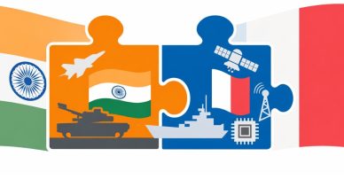 Minimal editorial illustration symbolizing strategic defence and technology cooperation between India and France on a white background.
