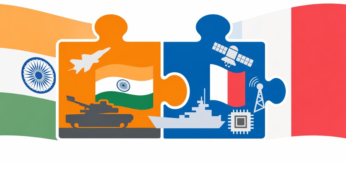 Minimal editorial illustration symbolizing strategic defence and technology cooperation between India and France on a white background.