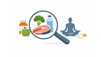 Minimal editorial illustration highlighting nutrition and wellness trends in India, featuring healthy food, hydration, supplements, and meditation