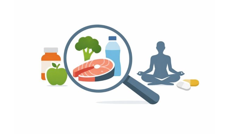 Minimal editorial illustration highlighting nutrition and wellness trends in India, featuring healthy food, hydration, supplements, and meditation