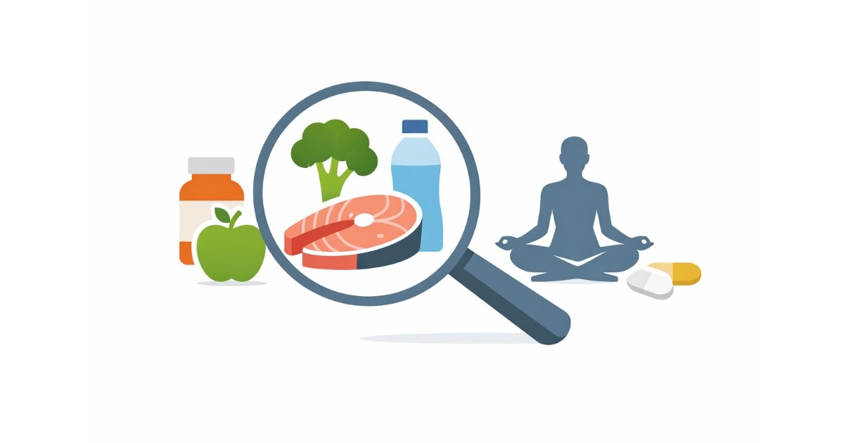 Minimal editorial illustration highlighting nutrition and wellness trends in India, featuring healthy food, hydration, supplements, and meditation