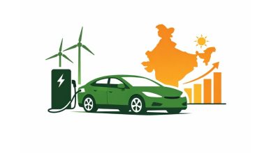 Minimal editorial illustration showing an electric car charging, renewable energy icons, and India’s map symbolizing strong EV growth driven by new launches and policy support.