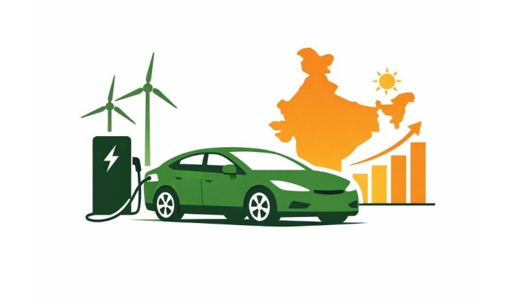 Minimal editorial illustration showing an electric car charging, renewable energy icons, and India’s map symbolizing strong EV growth driven by new launches and policy support.