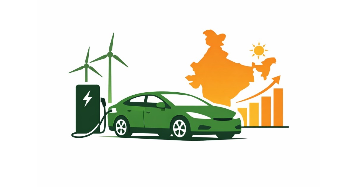 Minimal editorial illustration showing an electric car charging, renewable energy icons, and India’s map symbolizing strong EV growth driven by new launches and policy support.
