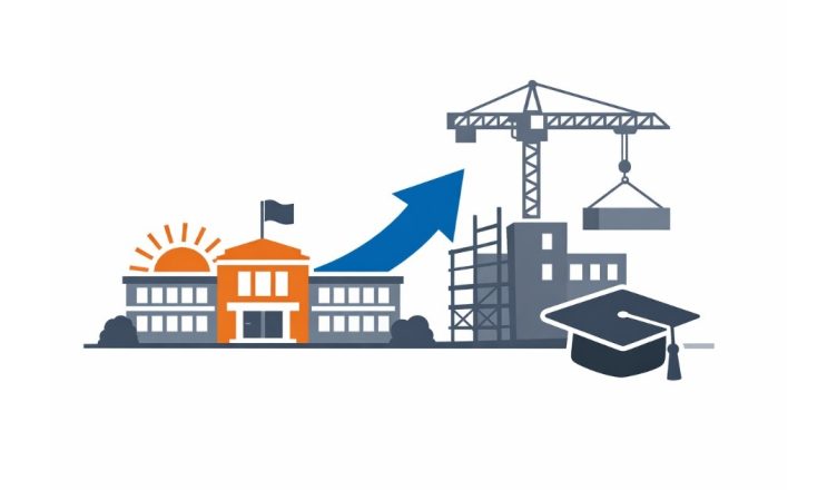 Minimal editorial illustration showing expansion of model schools in India, symbolizing the New School Expansion Plan to improve education quality across 75 schools.