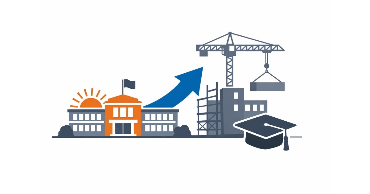 Minimal editorial illustration showing expansion of model schools in India, symbolizing the New School Expansion Plan to improve education quality across 75 schools.