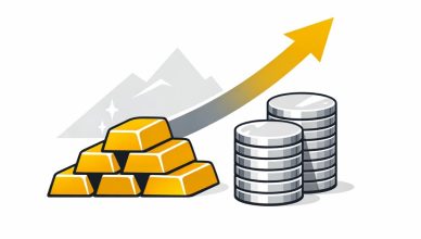 Minimal editorial illustration of gold bars and silver coins with an upward arrow symbolizing rising gold and silver prices in India amid safe-haven demand.
