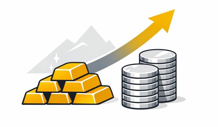 Minimal editorial illustration of gold bars and silver coins with an upward arrow symbolizing rising gold and silver prices in India amid safe-haven demand.