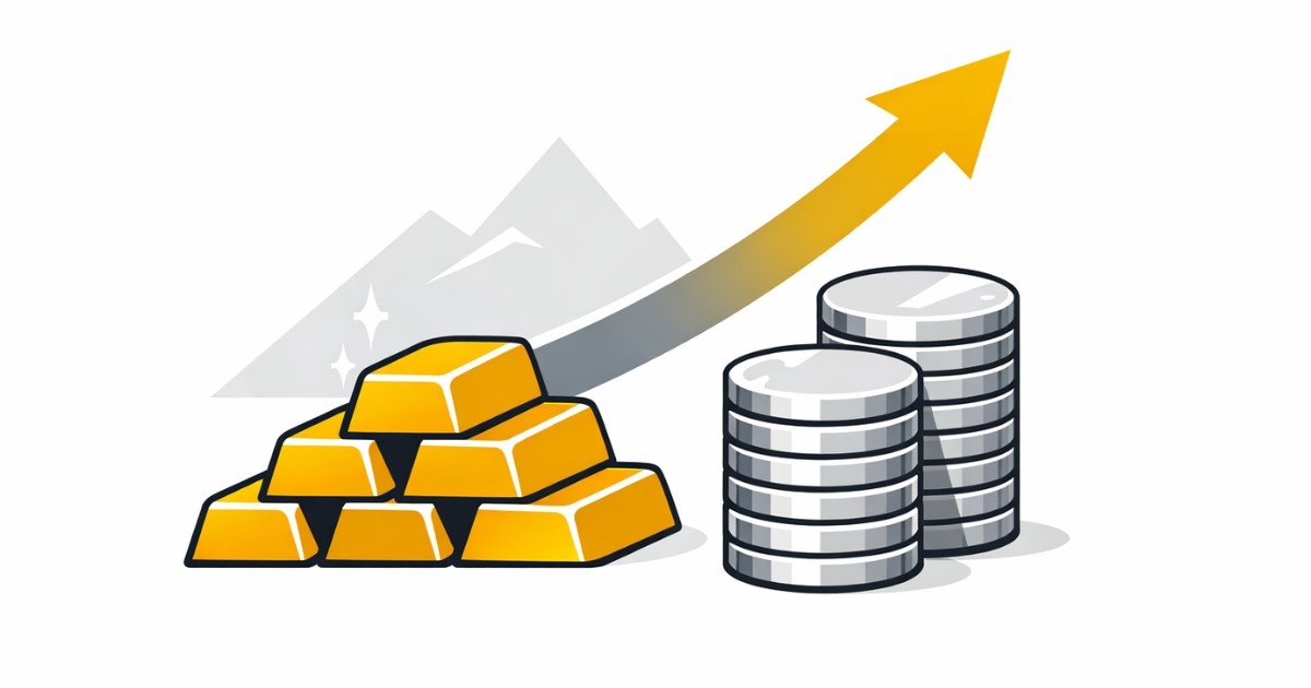 Minimal editorial illustration of gold bars and silver coins with an upward arrow symbolizing rising gold and silver prices in India amid safe-haven demand.