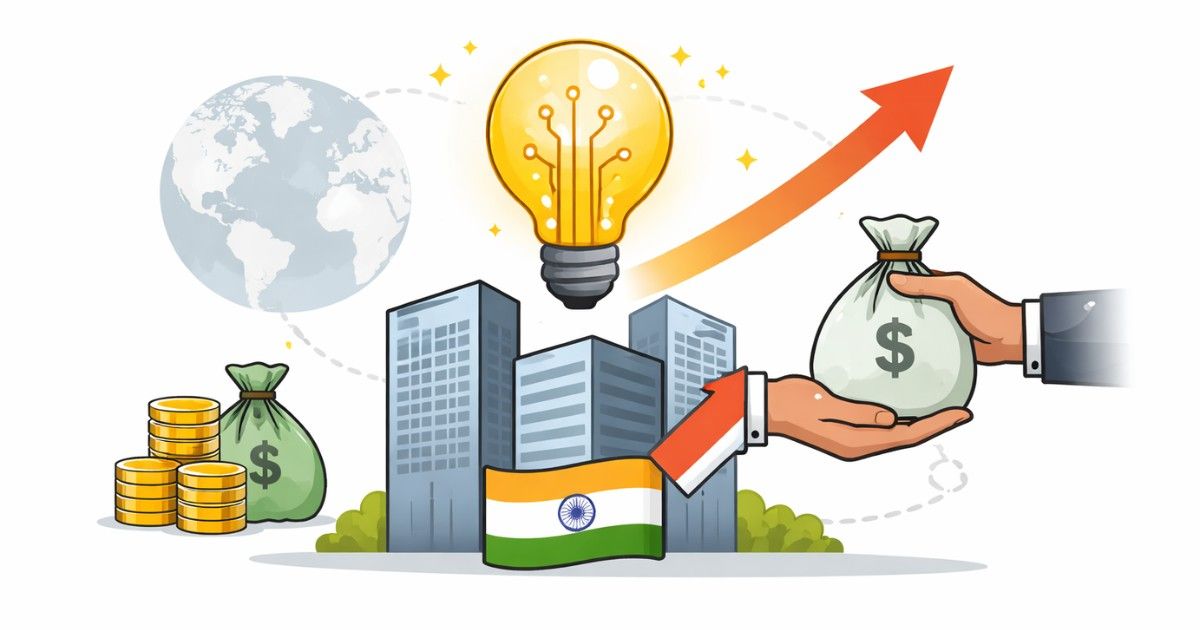 Minimal editorial illustration showing global investment flowing into Indian startups with tech innovation symbol and upward growth arrow.