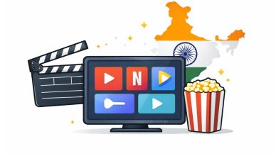 Minimal editorial illustration showing a TV screen with streaming icons, film clapperboard, popcorn, and India map symbolizing new movies and streaming releases in February 2026.