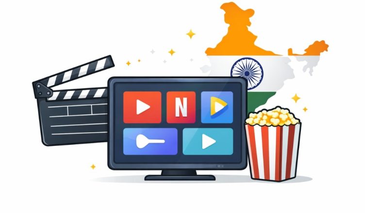Minimal editorial illustration showing a TV screen with streaming icons, film clapperboard, popcorn, and India map symbolizing new movies and streaming releases in February 2026.