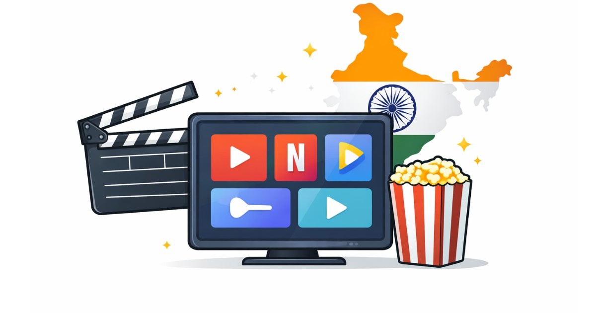 Minimal editorial illustration showing a TV screen with streaming icons, film clapperboard, popcorn, and India map symbolizing new movies and streaming releases in February 2026.