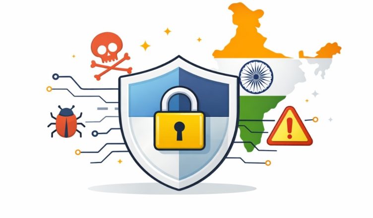 Minimal editorial illustration of a security shield with padlock and digital threat icons representing cybersecurity trends impacting Indian businesses in 2026.