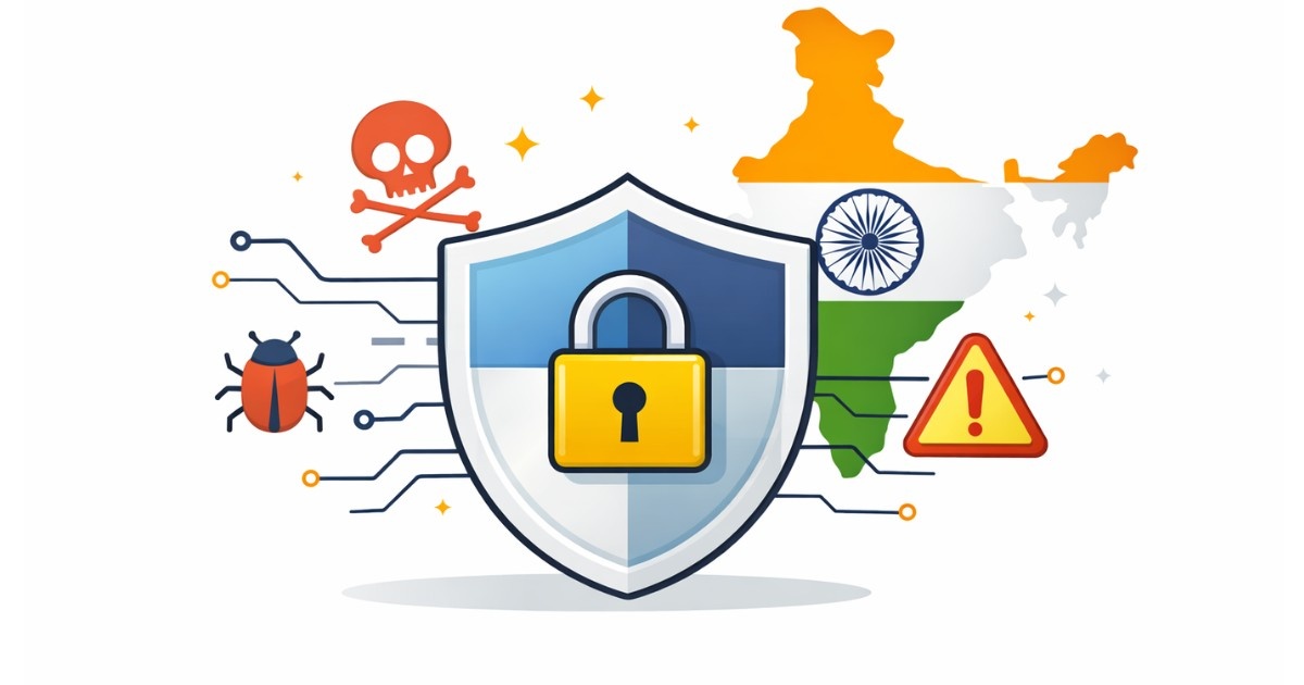 Minimal editorial illustration of a security shield with padlock and digital threat icons representing cybersecurity trends impacting Indian businesses in 2026.