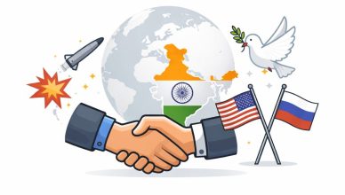 Minimal editorial illustration of a handshake in front of a globe and India map with peace and conflict symbols representing international diplomacy and geopolitical tensions in February 2026.