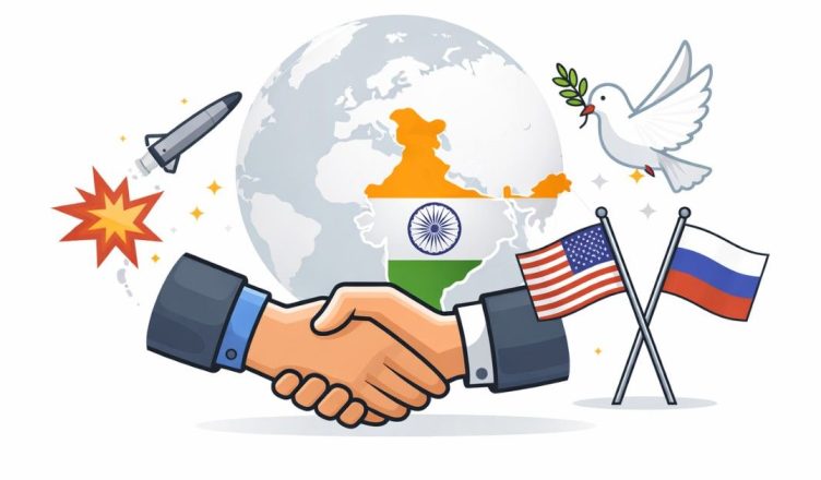 Minimal editorial illustration of a handshake in front of a globe and India map with peace and conflict symbols representing international diplomacy and geopolitical tensions in February 2026.