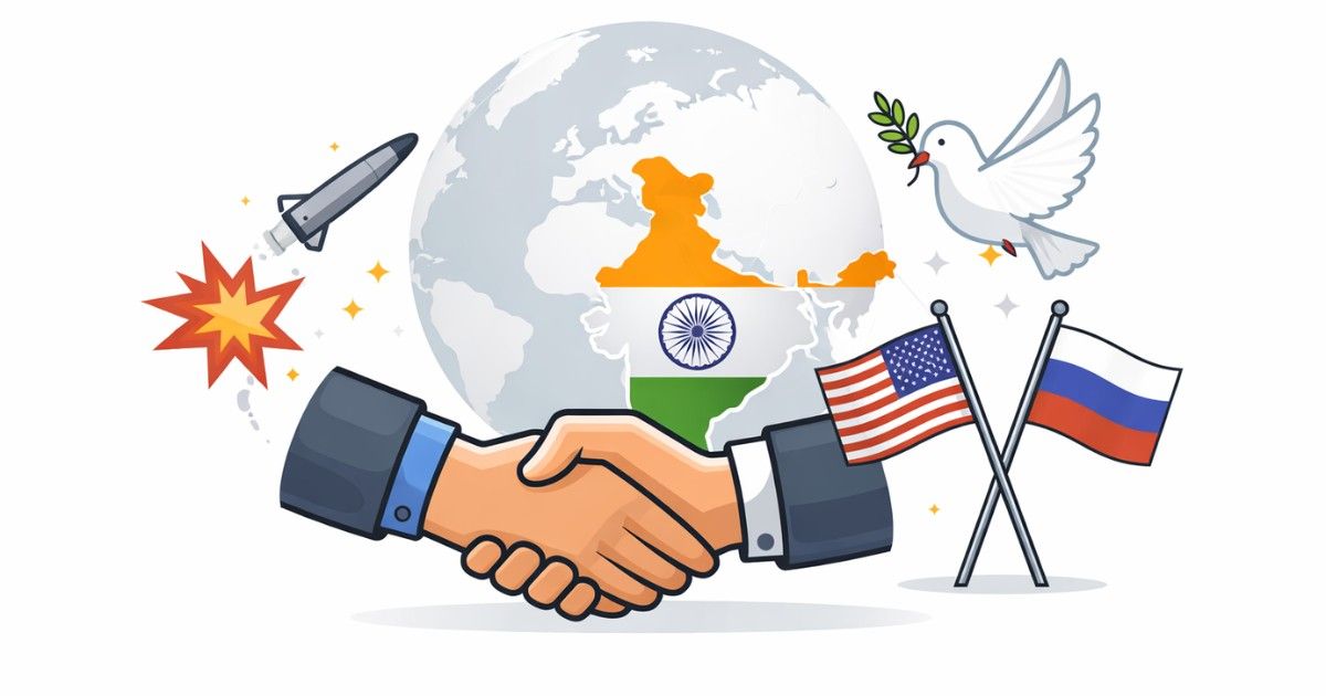 Minimal editorial illustration of a handshake in front of a globe and India map with peace and conflict symbols representing international diplomacy and geopolitical tensions in February 2026.