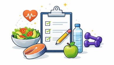 Minimal editorial illustration of healthy foods, checklist clipboard, and fitness symbols representing nutrition trends in India for 2026.