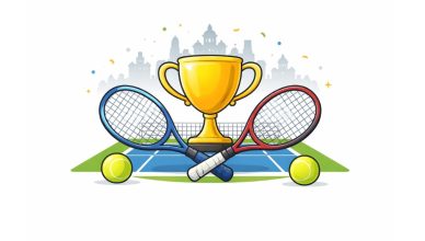 Minimal flat vector illustration of a golden tennis trophy with crossed rackets and tennis balls on a court, symbolizing ITF Bengaluru Open 2026 tournament highlights