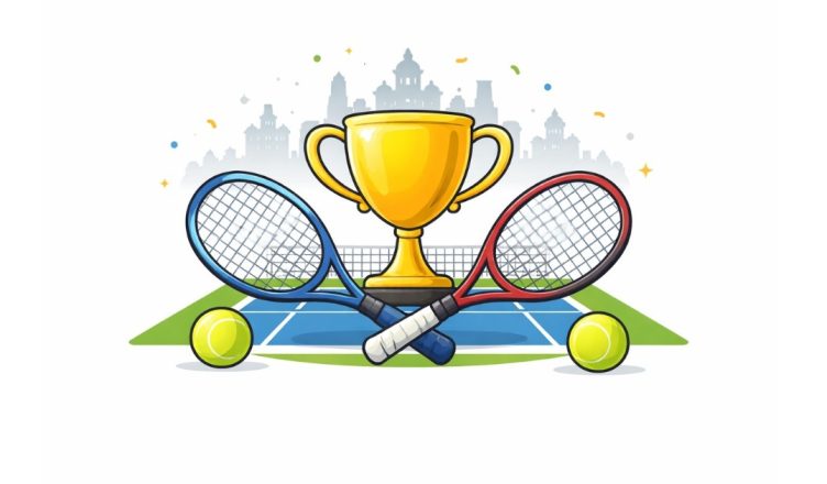 Minimal flat vector illustration of a golden tennis trophy with crossed rackets and tennis balls on a court, symbolizing ITF Bengaluru Open 2026 tournament highlights